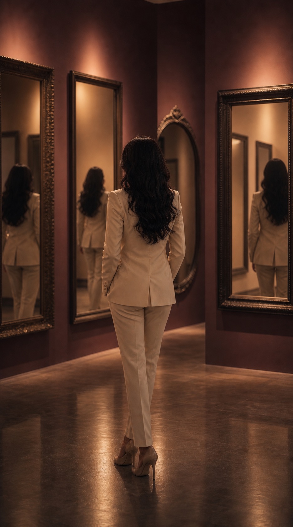 A woman in an ivory suit facing mirrors in a warm plum-toned gallery